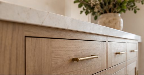Oak cabinet drawers with brass pulls