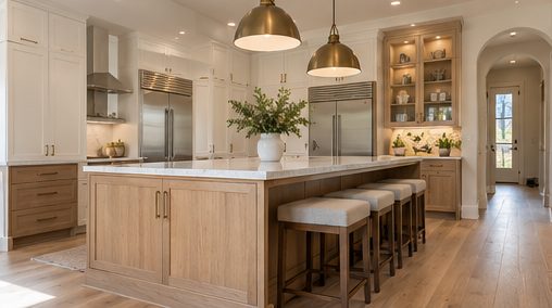 Renovated kitchen with oak island and brass pendant lights