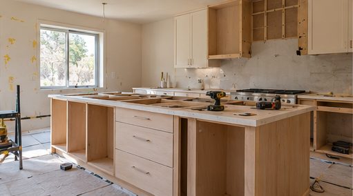 Kitchen renovation in progress with new cabinetry being installed